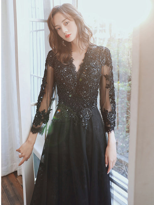 Black Tulle with Lace Long Sleeves A-line Prom Dress, Black Evening Dress Party Dress